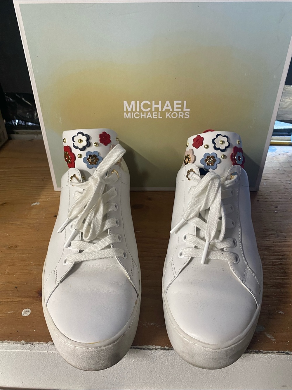MICHAEL Michael Kors White Leather Sneakers with Multi-Color Floral Studs